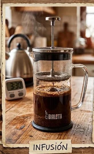 Prensa francesa con café molido recién preparado