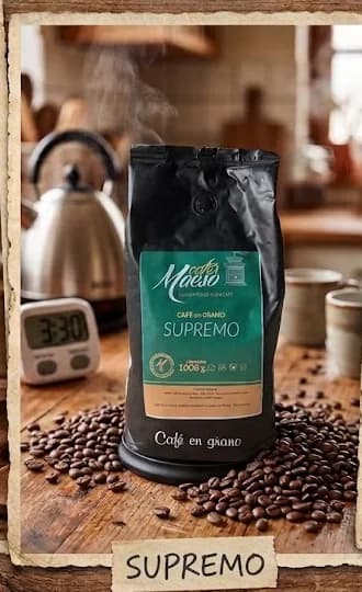 Paquete de Café Supremo en grano de Cafés Maeso junto a granos tostados
